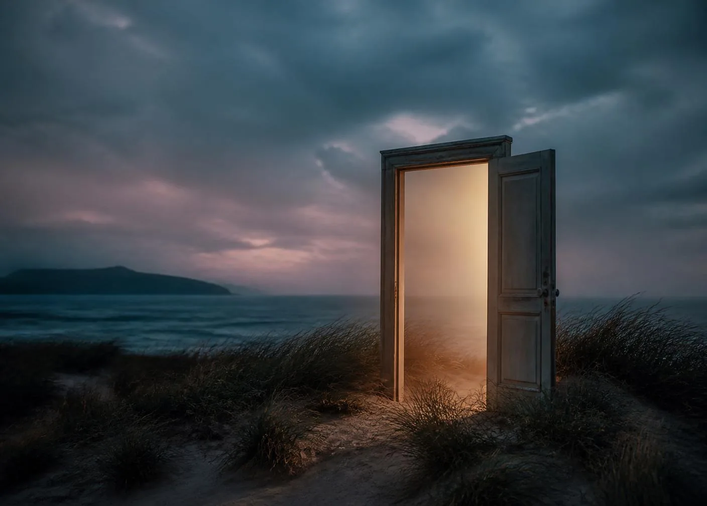 A lit doorway standing open on a windswept coastal dune at dusk