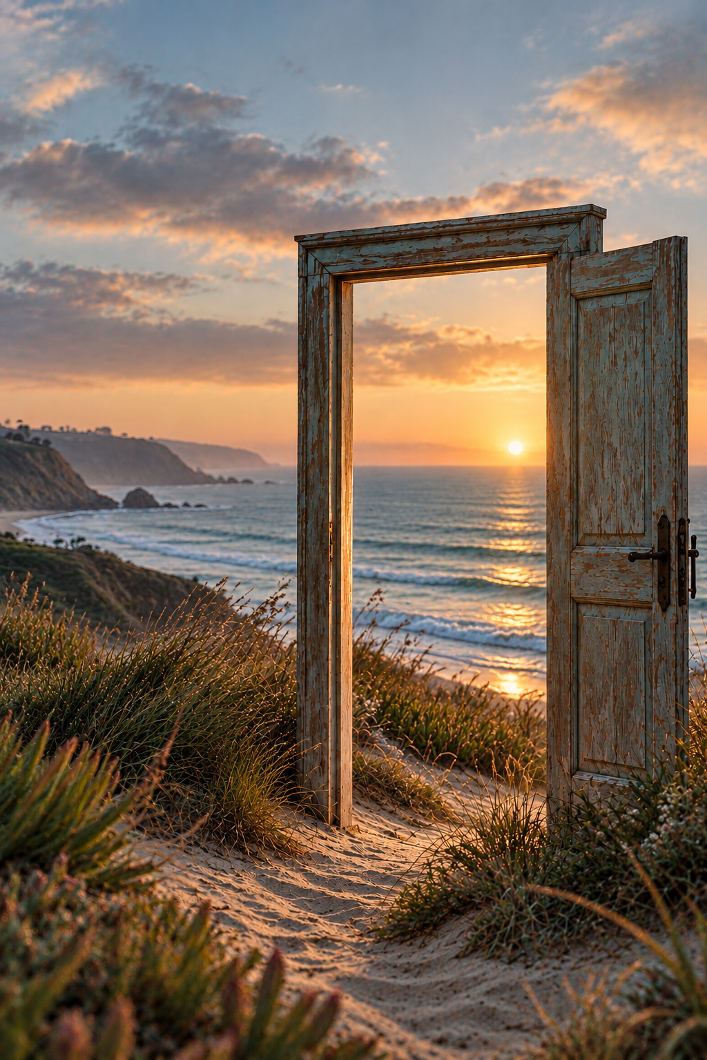 A lit doorway standing open on a windswept coastal dune at dusk