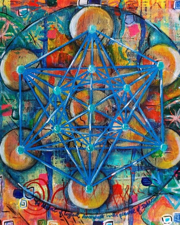 Absence of All Logical Awareness by Debby: bees, honeycomb, dripping honey, and blue sacred geometry over colorful mixed-media layers.
