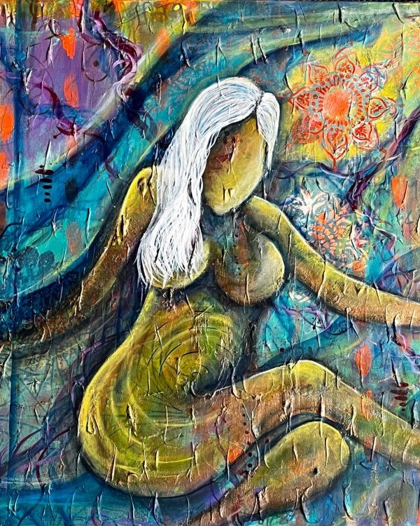 Debby Meadows’ Self Love Warrior painting: a seated figure with white hair amid colorful textured layers.